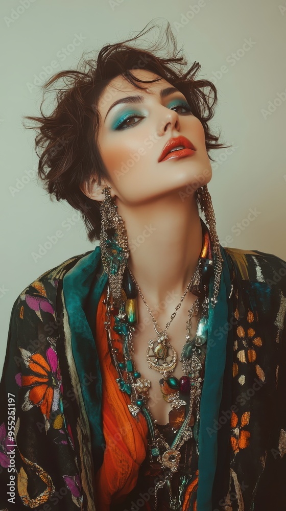 A woman dressed in colorful layers and statement jewelry exudes confidence while posing against a neutral backdrop