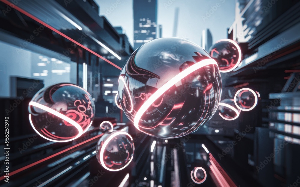 Glowing spheres in city. Shiny, reflective orbs with neon light streaks move through futuristic city. Abstract concept of progress, innovation, and technology. Glowing spheres in city. Shiny, reflective orbs with neon light streaks move through futuristic city. Abstract concept of progress, innovation, and technology.