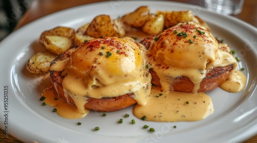 Eggs Benedict served with extra sauce and sliced potatoes on a white plate and garnished with paprika and chives