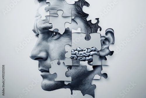 neural entrainment power of thought Abstract face of a man dissolving into puzzle pieces symbolizing the loss of self memory fragmentation and the disintegration of identity