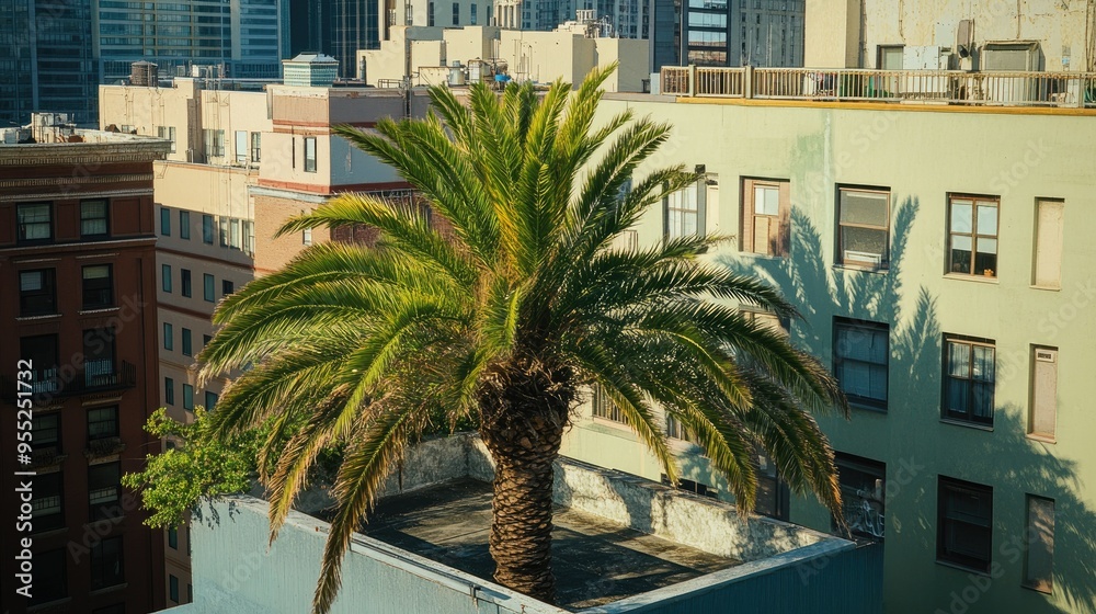 Fototapeta premium A date palm tree growing on a rooftop in a bustling city, providing a connection to nature in an urban environment.