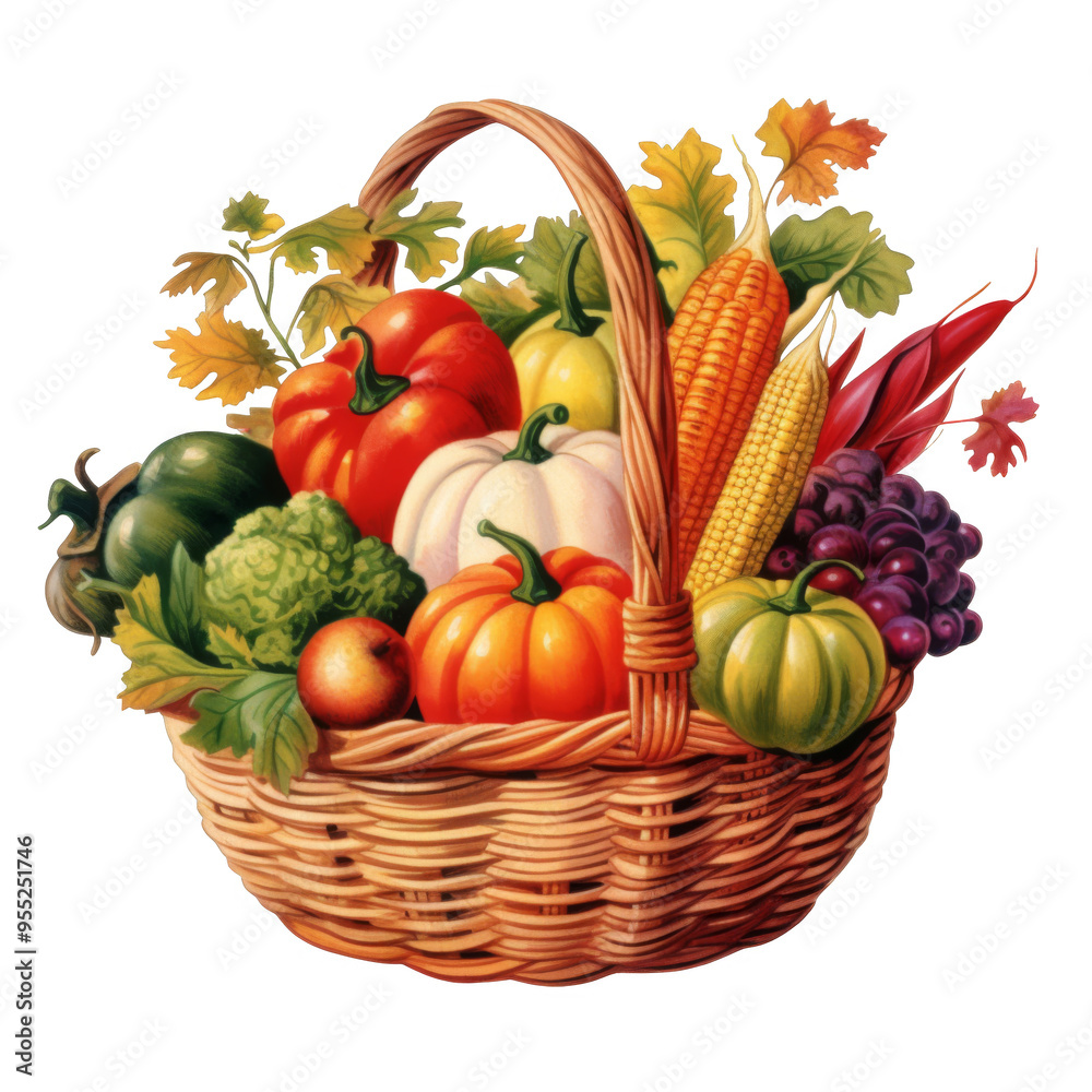 A Wicker Basket Filled with Colorful Fall Produce A Wicker Basket Filled with Colorful Fall Produce