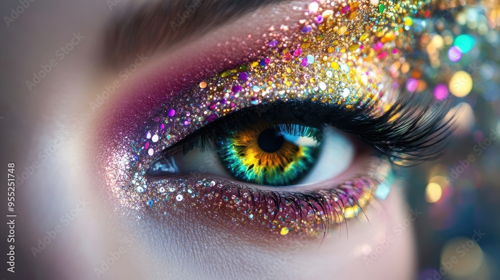 Artistic close-up of an eye decorated with rhinestones, capturing the essence of creativity and beauty in makeup. Artistic close-up of an eye decorated with rhinestones, capturing the essence of creativity and beauty in makeup.