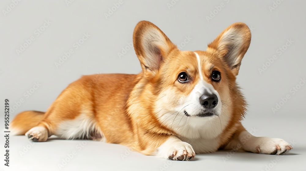 Adorable Corgi Stretching Front Leg on White Background Adorable Corgi Stretching Front Leg on White Background