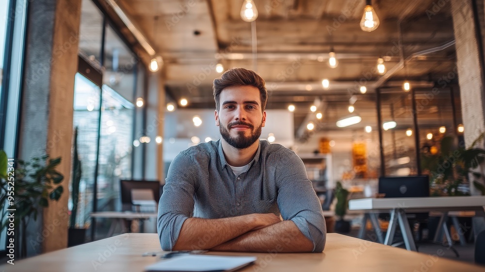 Confident businessman in a modern office, smiling and ready for collaboration, surrounded by creative workspace and lighting. Confident businessman in a modern office, smiling and ready for collaboration, surrounded by creative workspace and lighting.