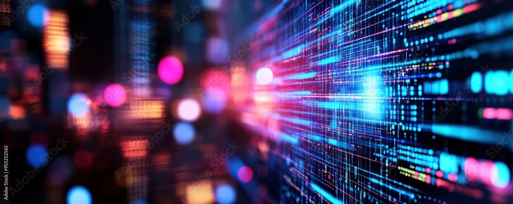 Vibrant digital design featuring colorful light trails and binary patterns, symbolizing technology and data communication. Vibrant digital design featuring colorful light trails and binary patterns, symbolizing technology and data communication.
