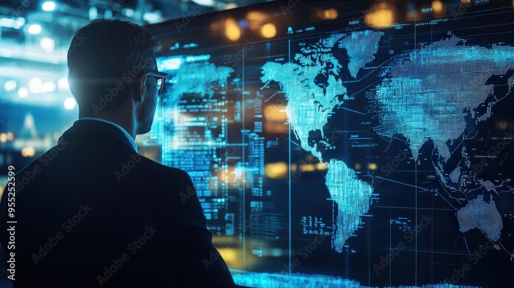 A businessman analyzes global data on a futuristic digital map, representing insights into international trends and technologies. A businessman analyzes global data on a futuristic digital map, representing insights into international trends and technologies.