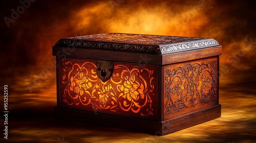 Antique wooden chest with intricate carvings glowing in warm light.