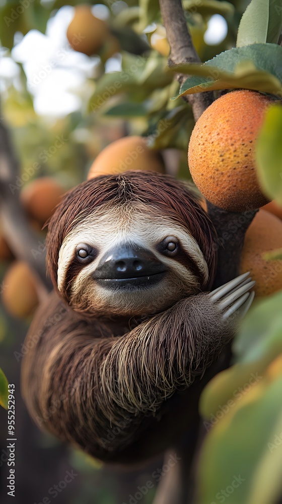 Cute Sloth Hanging on Tree Branch in Rainforest with Tropical Fruit Cute Sloth Hanging on Tree Branch in Rainforest with Tropical Fruit