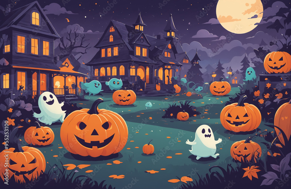 Fototapeta premium cute halloween festival illustration pattern background cartoon with ghost and pumpkin