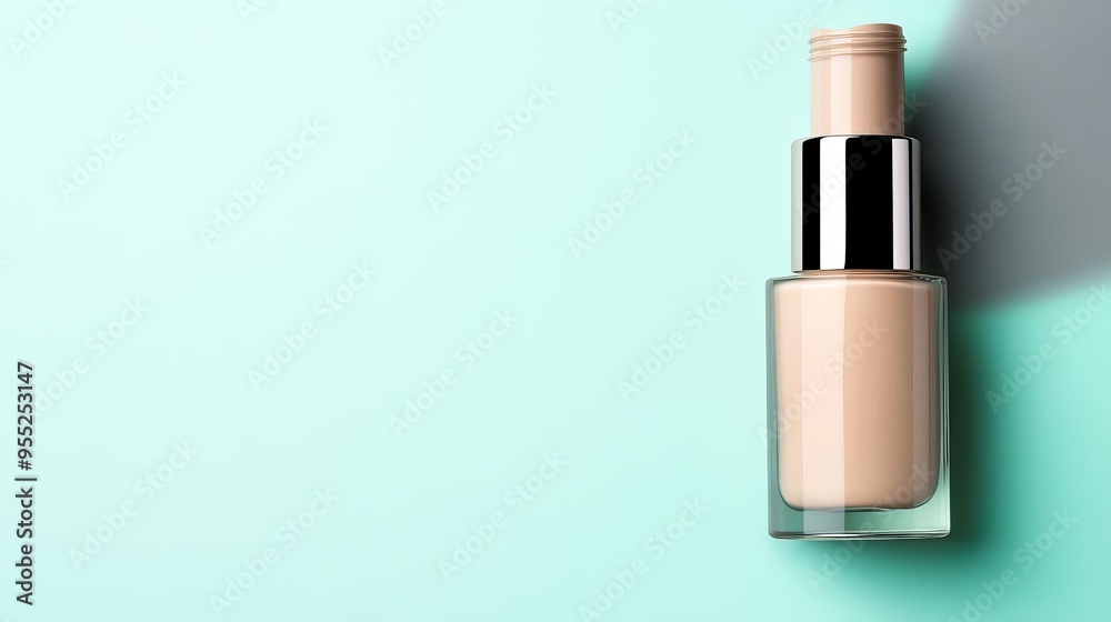 A bottle of foundation on a blue background. A bottle of foundation on a blue background.