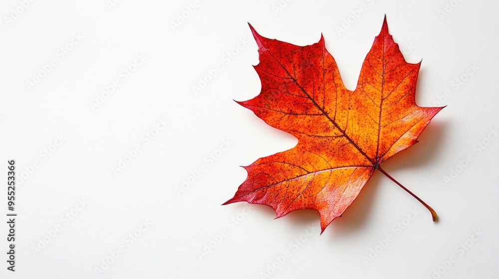 A single, vibrant fall leaf isolated on a white background, showcasing its rich colors and textures with ample copy space. A single, vibrant fall leaf isolated on a white background, showcasing its rich colors and textures with ample copy space.
