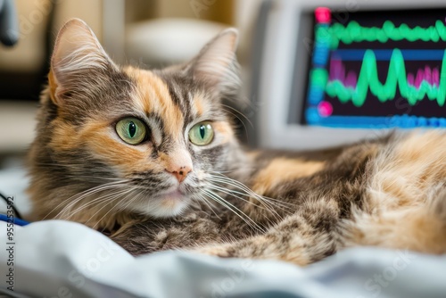 Cat in veterinary clinic with heart rhythm monitor. Emergency ECG or planned hospitalization, cardiology