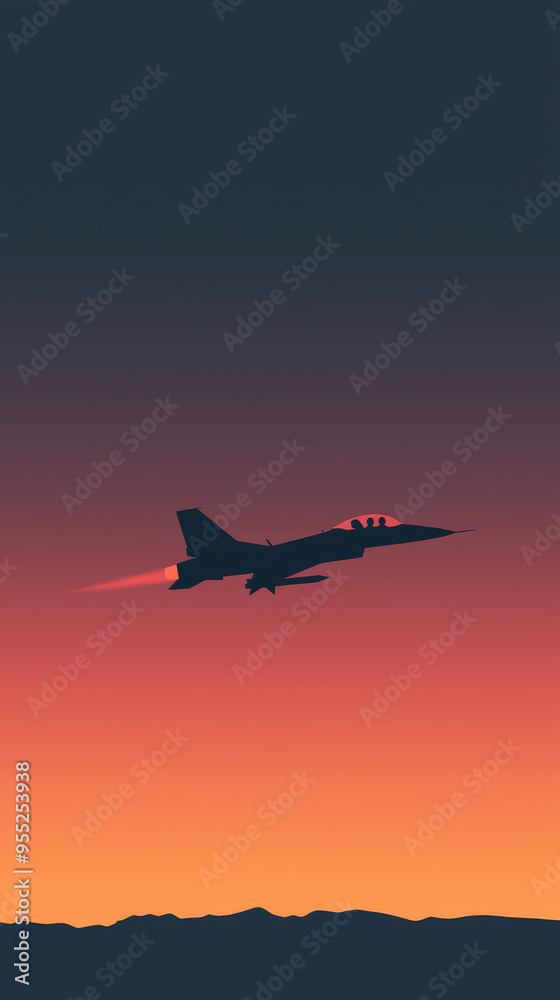 A Silhouetted Fighter Jet Soars Against a Fiery Sunset, Its Afterburner Ignites the Sky A Silhouetted Fighter Jet Soars Against a Fiery Sunset, Its Afterburner Ignites the Sky