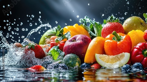 Colorful assortment of fruits and vegetables with water splashes on a panoramic background, symbolizing freshness and health