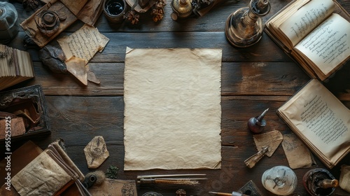 Medieval Scribe's Desk: Parchment, Quills, and Ink Bottles - Flat Lay Photography 2