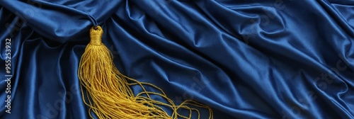 Close-up blue satin fabric yellow tassel hanging from Blue gradu photo