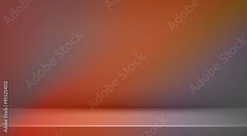 3d abstract autumn studio room background. Orange, brown dark gradient empty wall backdrop. Back ground horizontal mockup product season presentation. Empty scene platform. Orange sunray on grey floor