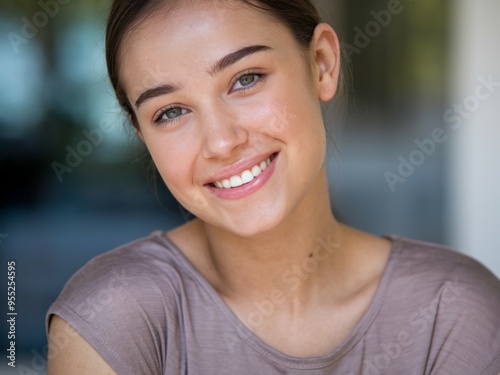 Happy woman smiling. A young woman smiles happily, conveying positivity and joy.