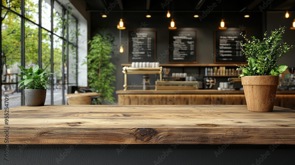 Empty wood table top on blur light gold bokeh of cafe restaurant in dark background Empty wood table top on blur light gold bokeh of cafe restaurant in dark background