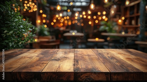 Empty wood table top on blur light gold bokeh of cafe restaurant in dark background