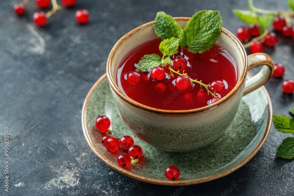 A spacious mug filled with red currant mixture garnished with mint sprigs and ripe red currants A spacious mug filled with red currant mixture garnished with mint sprigs and ripe red currants
