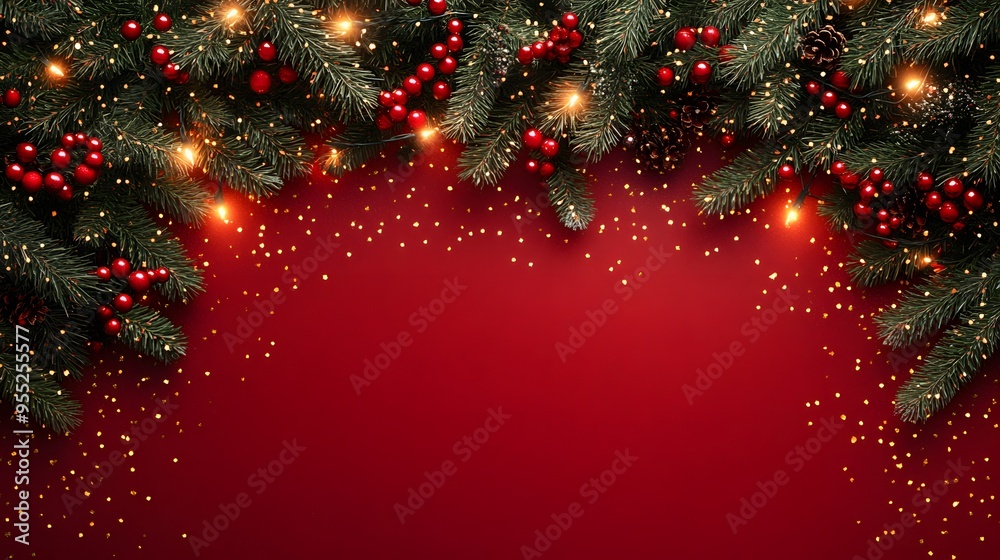 A festive Christmas border featuring lush fir branches adorned with golden glitter confetti and twinkling lights on a vibrant red background, creating a bright and cheerful frame for holiday designs, A festive Christmas border featuring lush fir branches adorned with golden glitter confetti and twinkling lights on a vibrant red background, creating a bright and cheerful frame for holiday designs,