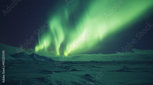 A vibrant aurora australis dancing across the Antarctic night sky, casting an ethereal glow on the icy landscape.