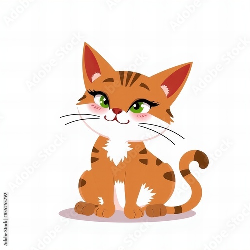 cartoon cat sitting on the ground with green eyes and a white background.