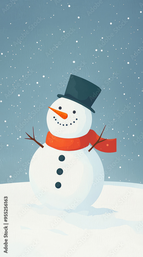 A Cheerful Snowman Smiles Under a Falling Snow, a Simple Winter Scene. A Cheerful Snowman Smiles Under a Falling Snow, a Simple Winter Scene.