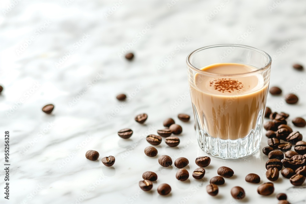 Cup of creamy coffee liqueur nestled among beans on stylish white marble background, space available for text Cup of creamy coffee liqueur nestled among beans on stylish white marble background, space available for text