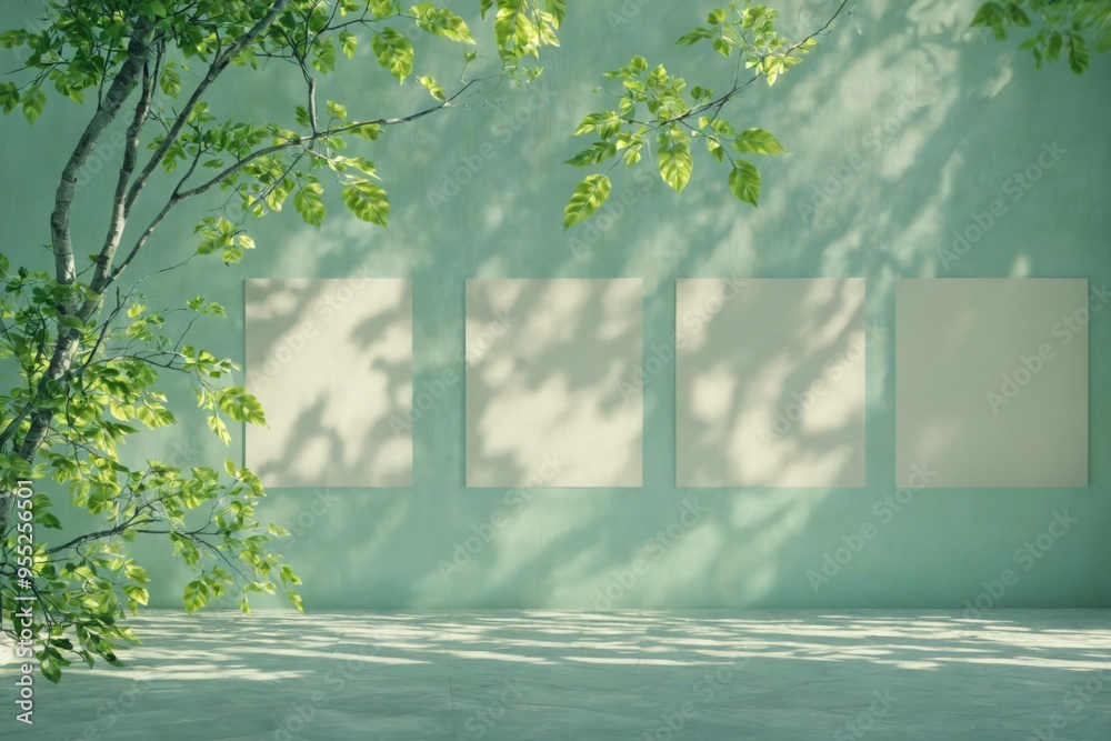 Obraz premium Empty room tree left side has green leaves A green hotel bedroom