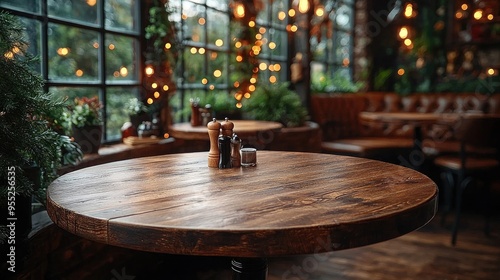 Empty wood table top on blur light gold bokeh of cafe restaurant in dark background