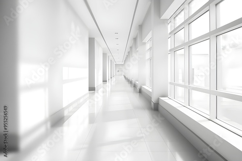 Blurred empty modern hospital corridor with panoramic windows and white walls, blurred background for product presentation.