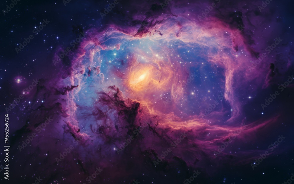 Obraz premium Cosmic nebula. Vibrant hues of purple and pink paint the celestial canvas, as a nebula swirls through the cosmos, surrounded by glittering stars.