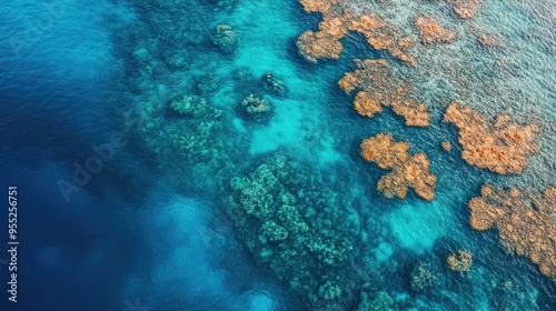Aerial perspective of Eilat's Coral Reef, showing the extensive coral beds just below the wateraes surface, with shades of blue and turquoise photo