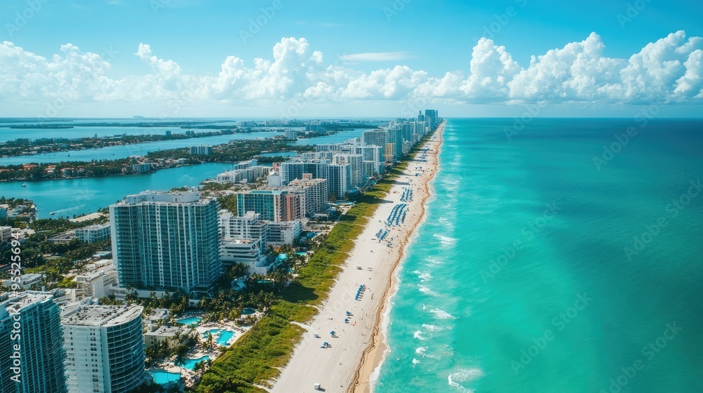 Aerial shot of Miami Beachaes coastline, featuring The Setai hotel among other South Beach landmarks, with sun-soaked beaches and deep blue ocean waters framing the city