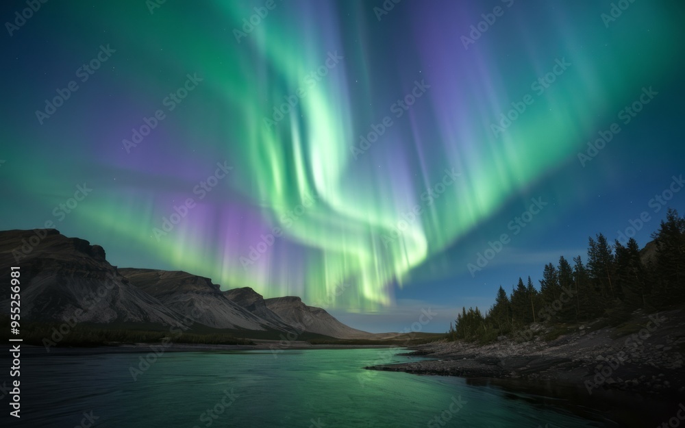 Naklejka premium Northern lights river. Vibrant green and purple aurora borealis display above a calm river and mountain range.