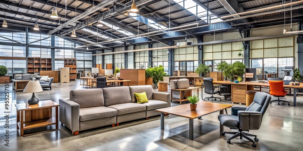 Naklejka premium Industrial pipes morph into sculptural lighting fixtures amid the eclectic mix of refurbished furniture and utilitarian