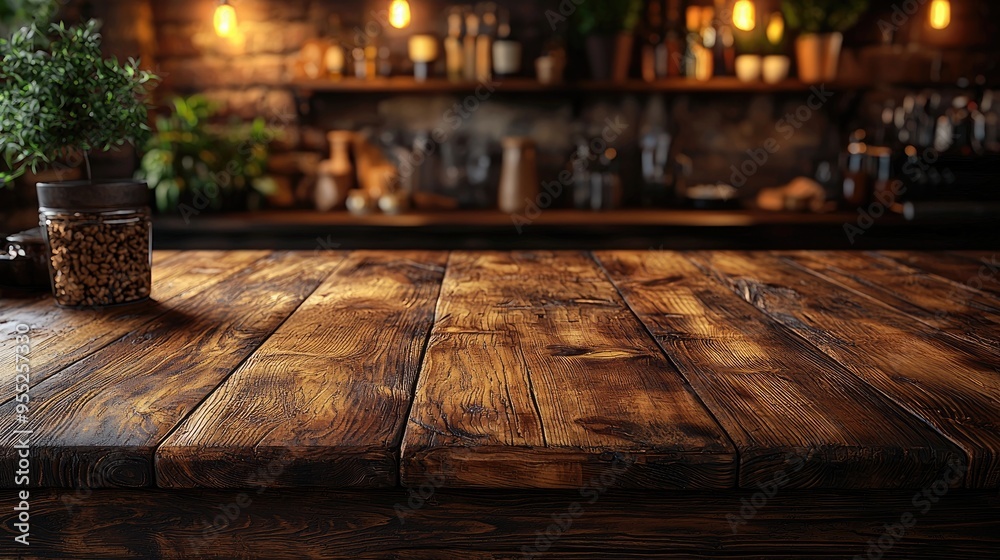 Empty wood table top on blur light gold bokeh of cafe restaurant in dark background Empty wood table top on blur light gold bokeh of cafe restaurant in dark background