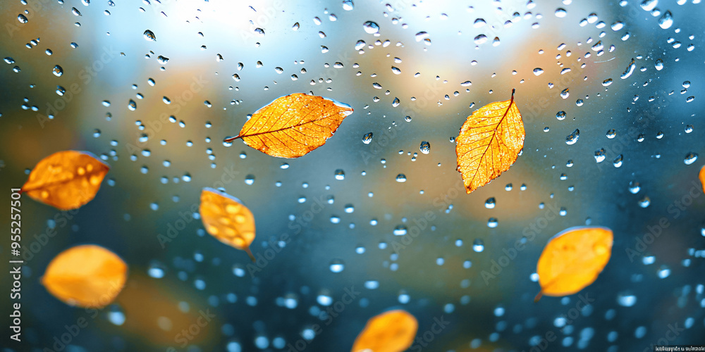A rainy autumn day with falling leaves visible through the window, creating an atmosphere of fall and raindrops on the glass., Generative AI. A rainy autumn day with falling leaves visible through the window, creating an atmosphere of fall and raindrops on the glass., Generative AI.