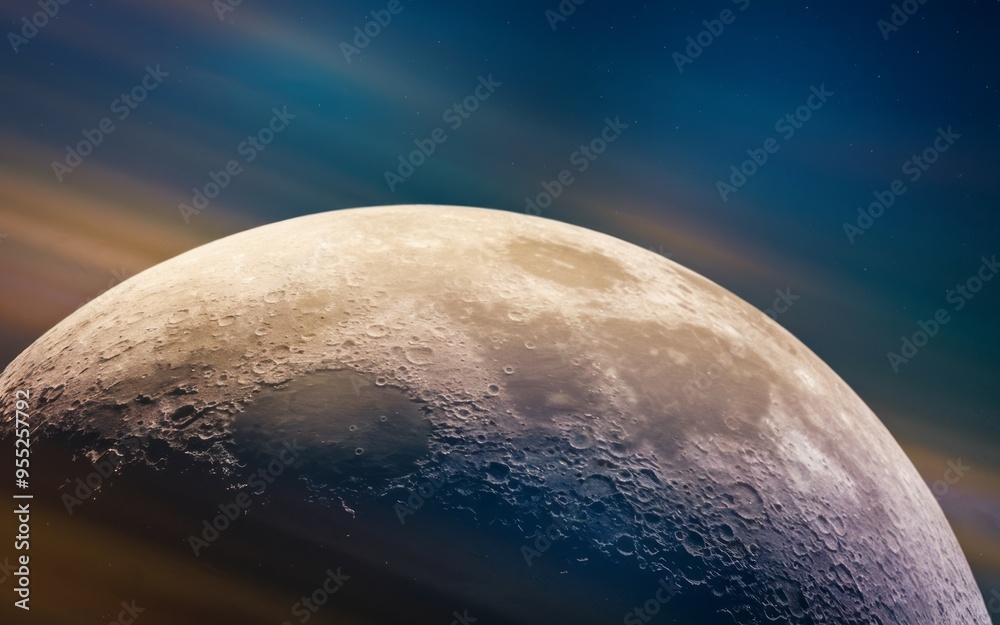 Naklejka premium Moon in space. Close-up of the moon with craters and a starry background. The image symbolizes the vastness of space and the beauty of our celestial neighbor.