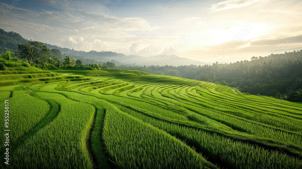 An expansive view of a rice paddy field with neatly organized green rows, under a bright, sunny sky, with a slight haze in the distance, evoking a sense of tranquility An expansive view of a rice paddy field with neatly organized green rows, under a bright, sunny sky, with a slight haze in the distance, evoking a sense of tranquility