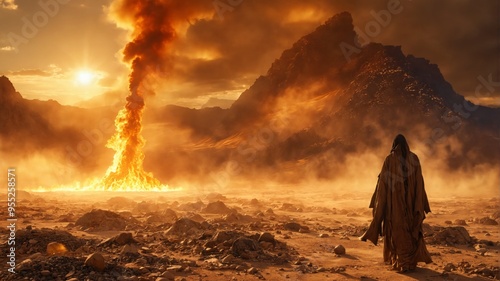 Person standing desert-like landscape large volcano background i