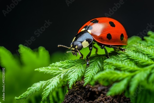 Ladybugs, hidden among ferns, secretive guests blend into their surroundings, waiting to be discovered photo