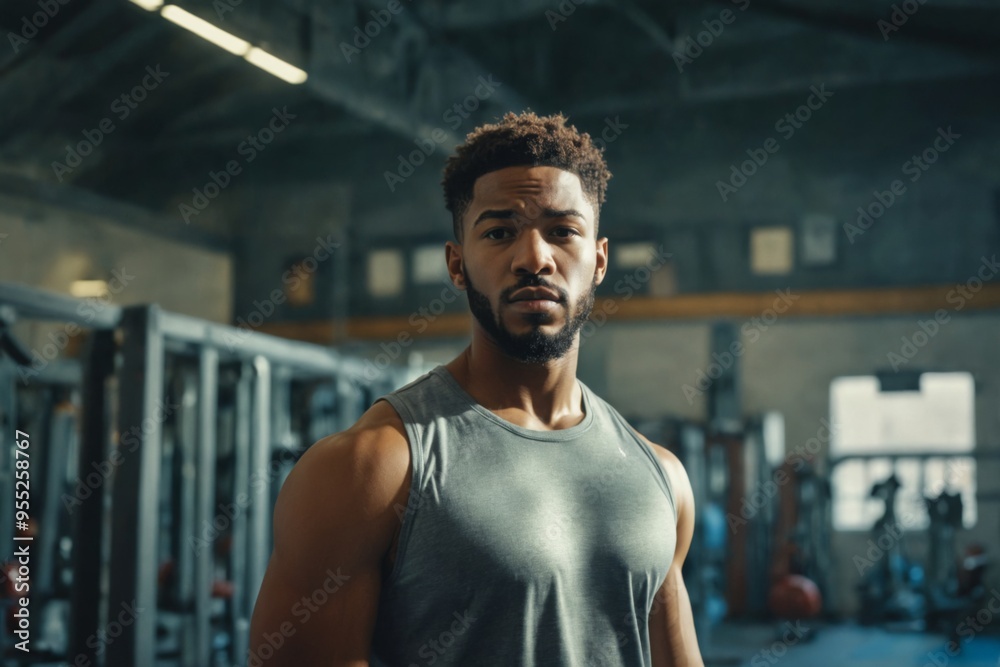 Portrait young African-American man gym He wearing grey Serious Portrait young African-American man gym He wearing grey Serious