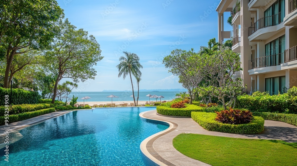 Obraz premium Beachfront serviced condominium in Hua Hin, Thailand, with a pool, lush garden views, and direct access to the sandy beach and sea, all under a clear, sunny sky
