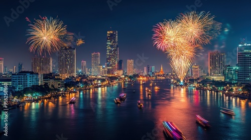 Vibrant Cityscape with Mesmerizing Fireworks Display Over a Bustling River