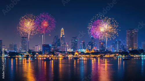 Spectacular Fireworks Display over the Vibrant Skyline of a Coastal City