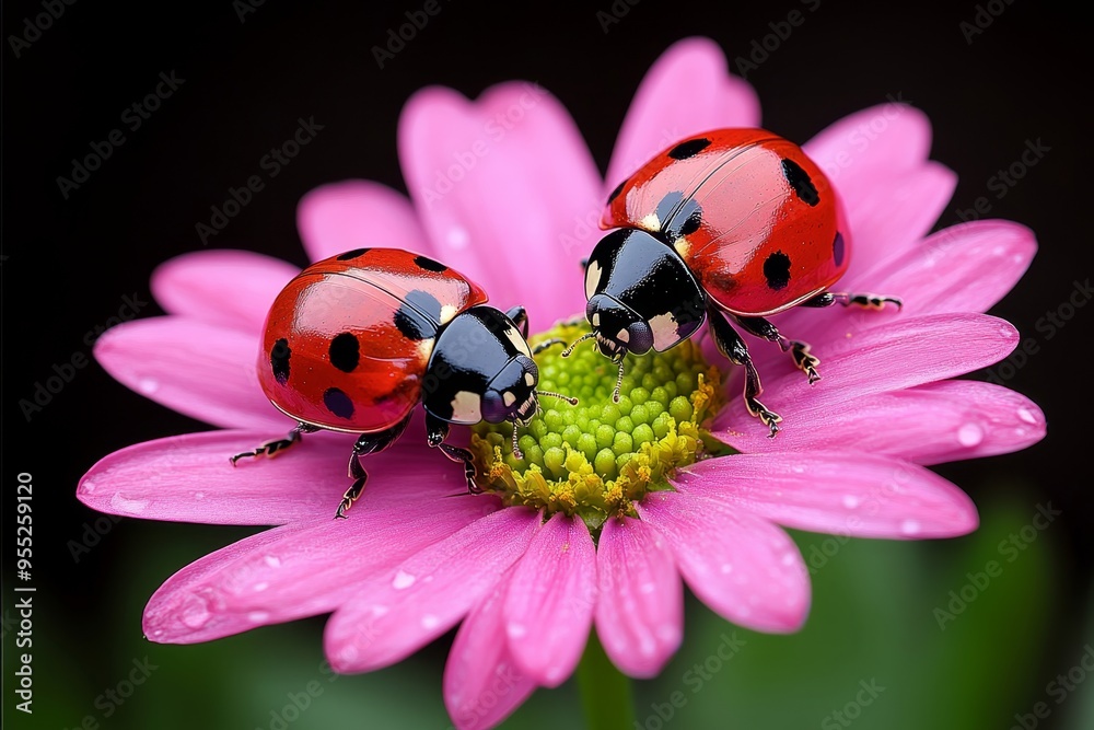 Fototapeta premium Ladybugs, nestled in petals, peaceful resting places find comfort in the softness of flowers